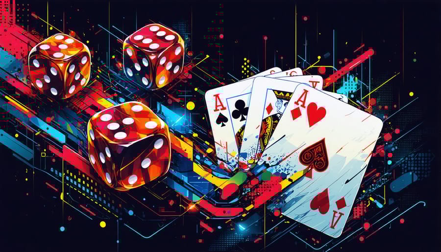Abstract artwork showing gambling elements transforming into digital symbols