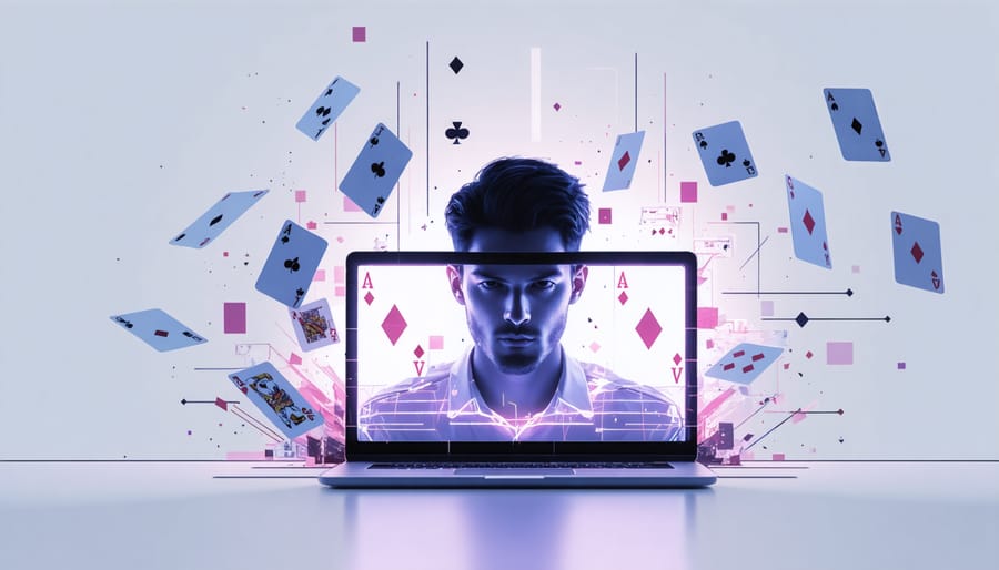 Digital art showing a person's face lit by computer screen with gambling imagery overlay