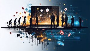 An artistic depiction showing the evolution of gambling in literature, merging a classic casino environment with digital gambling symbols, illustrating the transition from traditional to modern gaming themes in storytelling.