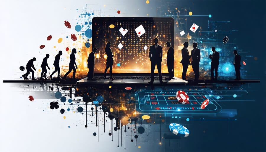 An artistic depiction showing the evolution of gambling in literature, merging a classic casino environment with digital gambling symbols, illustrating the transition from traditional to modern gaming themes in storytelling.