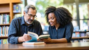 Community counselor and adult borrower reviewing a plain-covered guidebook and blank notepad at a wooden table in a California public library, with blurred bookshelves inside and sunlit palm trees visible through the windows.
