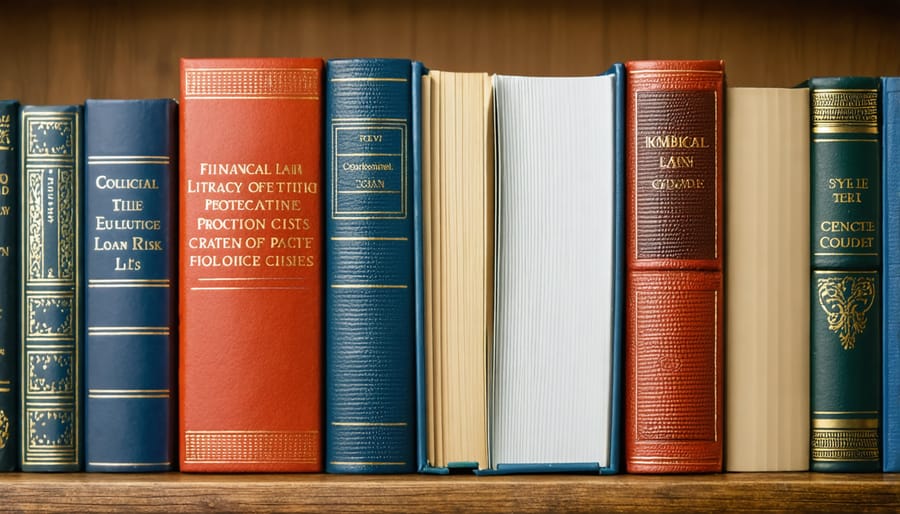 Hands arranging financial education books on library table
