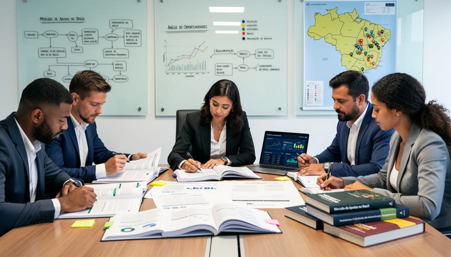 Business professionals collaborating over documents in modern office environment