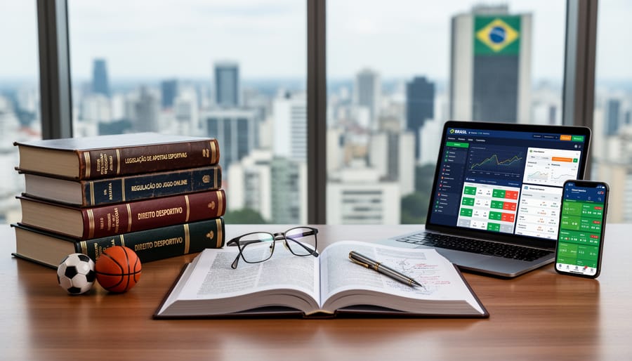 Brazilian flag alongside legal books and tablet representing sports betting regulation literature