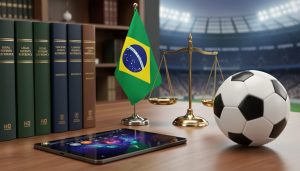Still life on a wooden desk with stacked legal books, a small Brazilian flag, brass scales of justice, a soccer ball, and a tablet with an abstract sports interface without readable text; soft studio lighting with shallow depth of field; blurred law office shelves and faint stadium lights in the background.