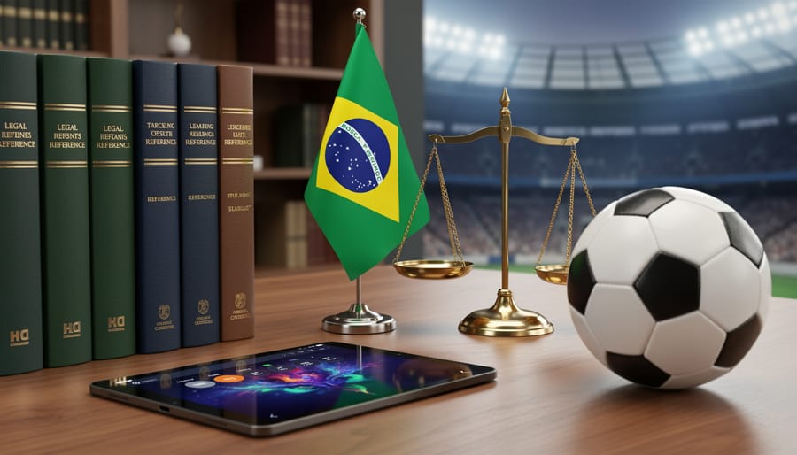 Still life on a wooden desk with stacked legal books, a small Brazilian flag, brass scales of justice, a soccer ball, and a tablet with an abstract sports interface without readable text; soft studio lighting with shallow depth of field; blurred law office shelves and faint stadium lights in the background.