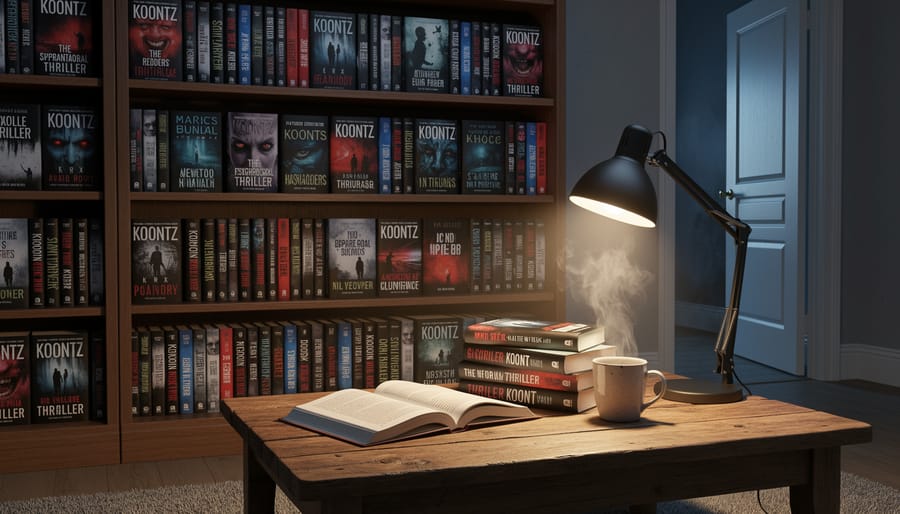 Overhead view of multiple books arranged on wooden table with reading accessories