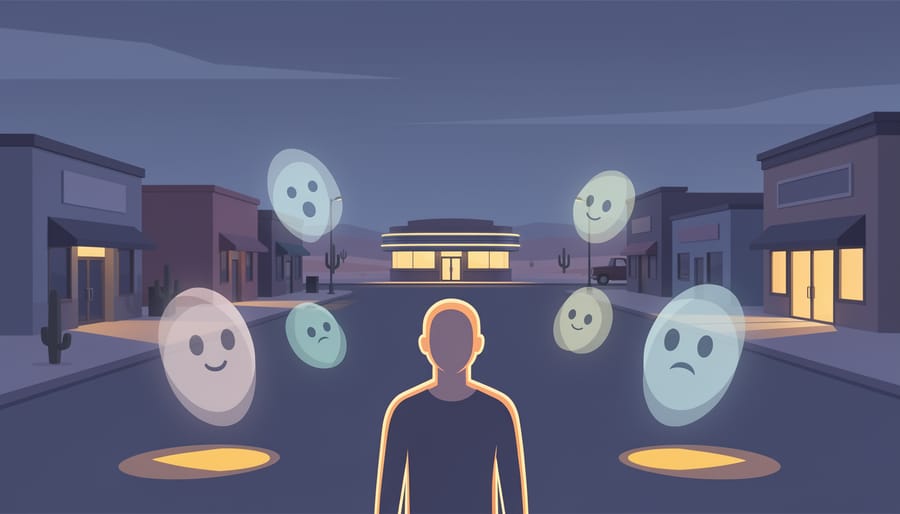 Young man standing on quiet small-town street at twilight with atmospheric lighting