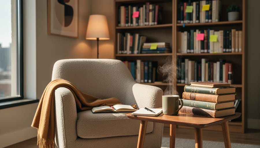 Curated stack of philosophy books on nightstand beside cozy reading chair
