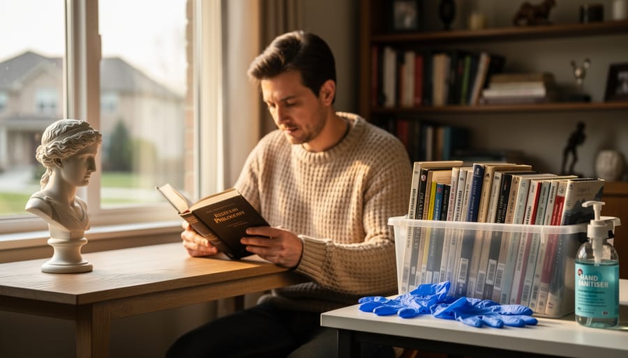 Reader by a window studying a philosophy book with a small marble bust on the desk; nearby, a clear bin of returned library books sits beside nitrile gloves and a hand sanitizer bottle in warm afternoon light, with a softly blurred bookshelf and window behind.