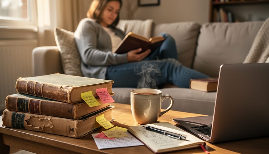 Person reading philosophy book in sunlit window during quarantine