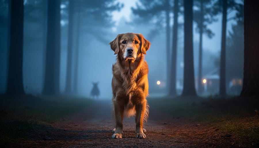 Golden retriever standing alert on a misty forest trail at dusk, warm rim light on fur, with blurred towering pines, distant suburban lights, and a faint creature silhouette in the background.