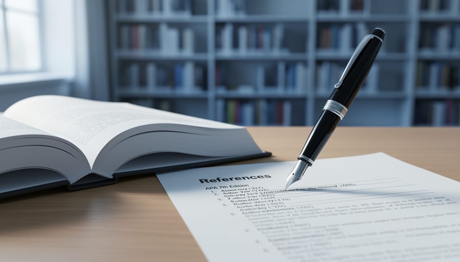 Open academic book and pen on a desk, with blurred library shelves in the background, representing APA citation formatting for three authors.