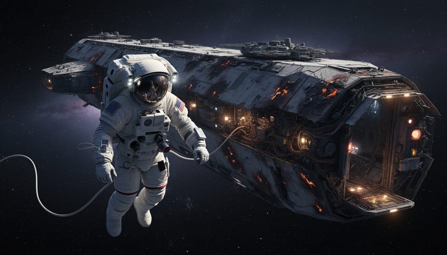 Lone astronaut floating near a damaged spacecraft airlock with debris and a distant planet in the background