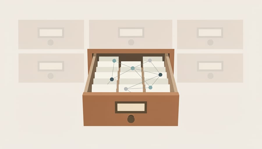 Opened library catalog drawer with blank index cards, representing organized references.