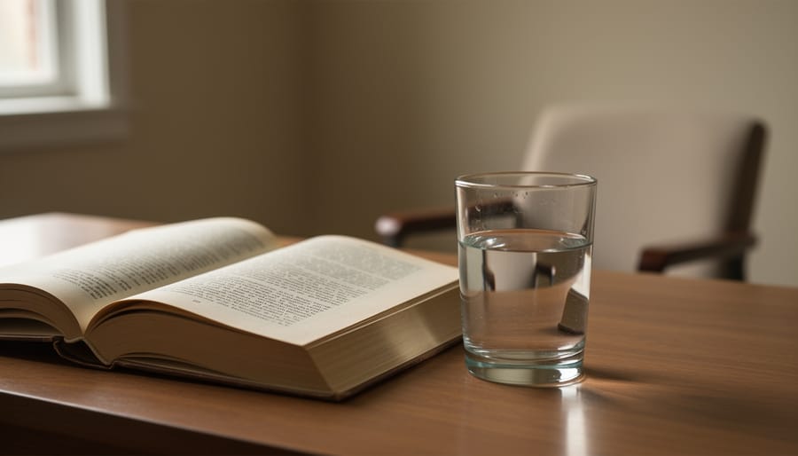 Open old book beside a glass of water on a table with soft daylight and blurred room background
