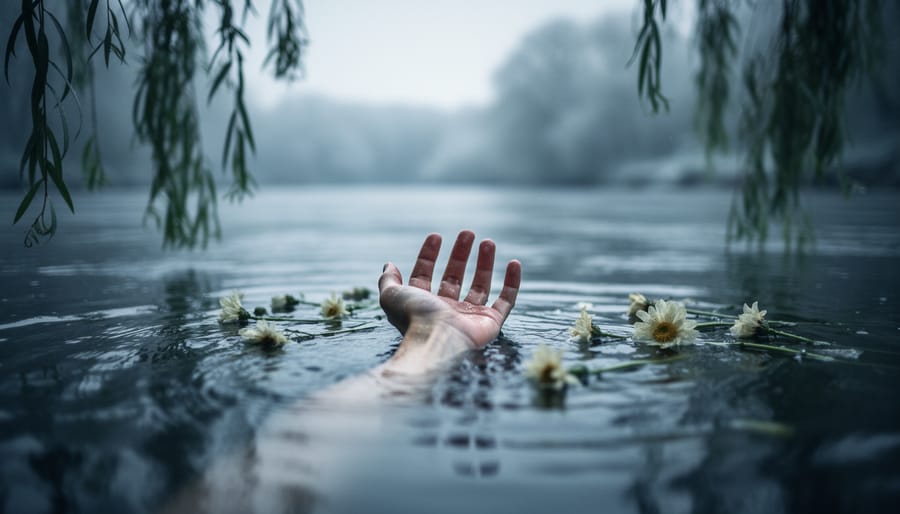 Close-up of a lone hand emerging from cold river water beneath overhanging willow branches, with pale wildflowers floating in the current.