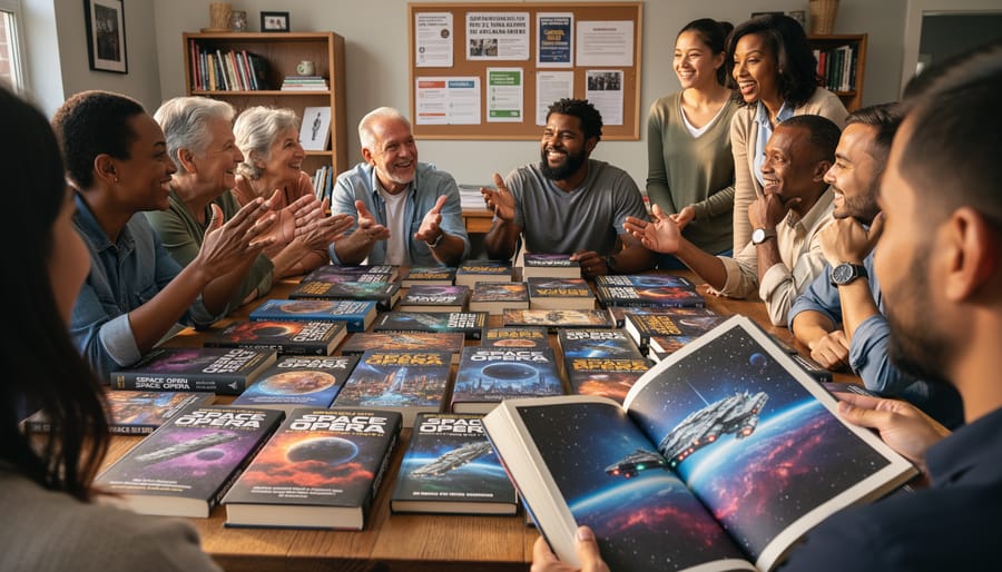 People at a science-fiction book event gathered around a table with open books and engaged expressions
