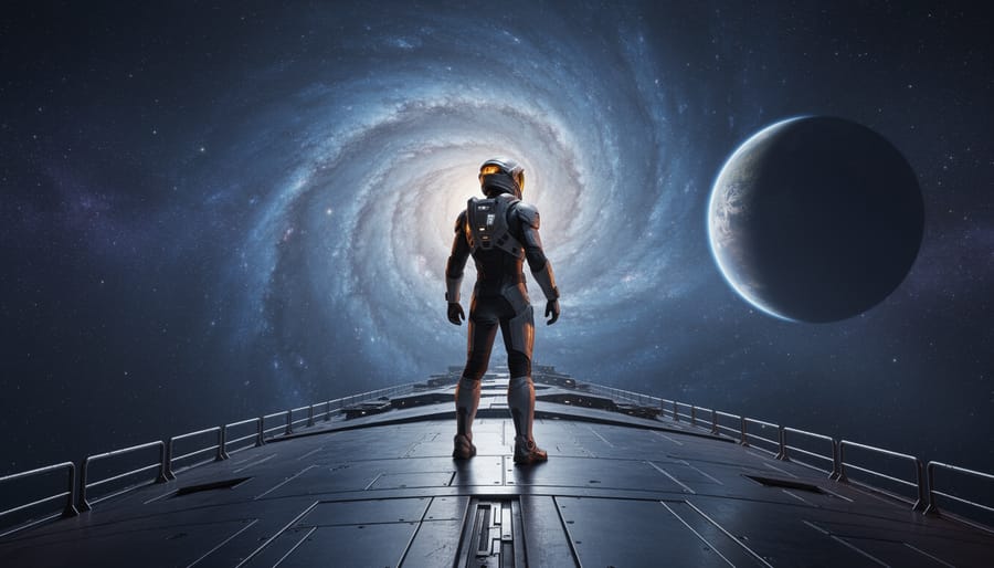 A lone space traveler in a reflective spacesuit stands on a starship hull, looking toward a colorful nebula and distant planets in deep space.