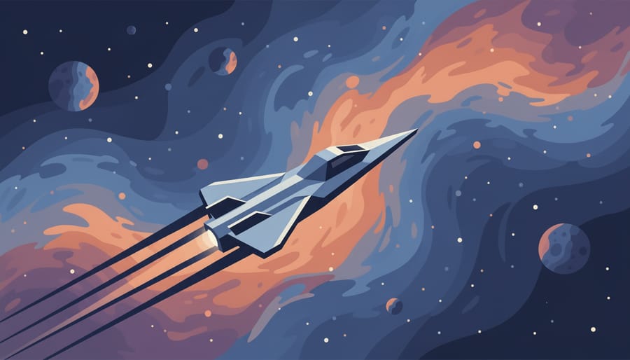 Interstellar starship silhouette with glowing engines traveling through a colorful nebula