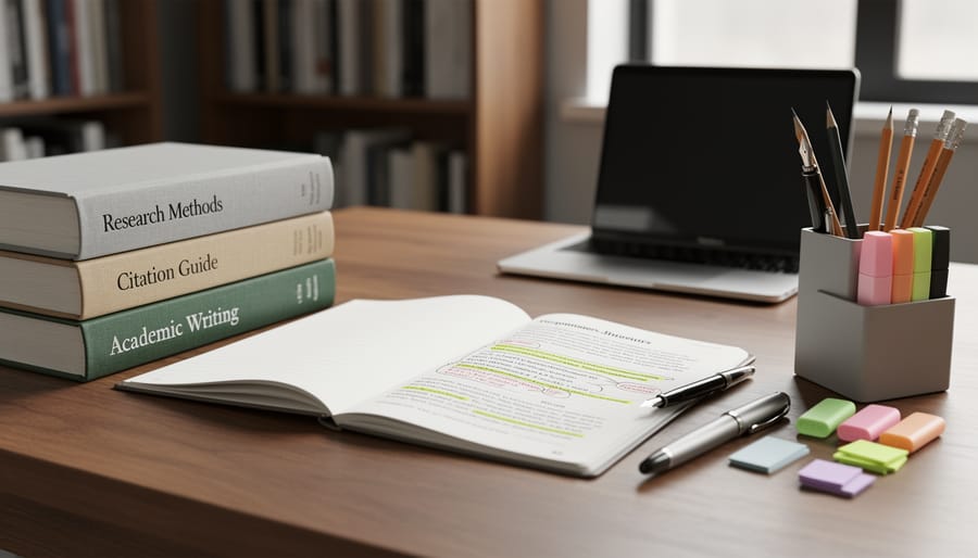 Three stacked books and a pen on a wooden desk, suggesting academic citation work.