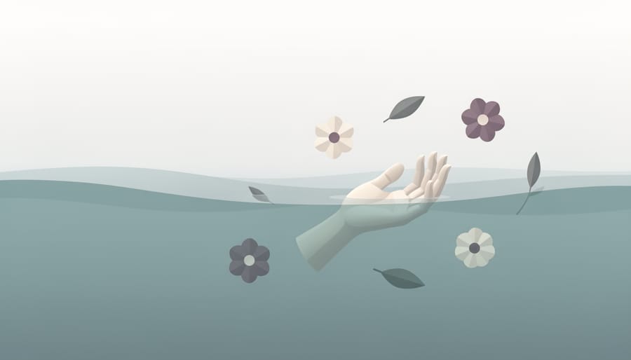 Lone hand emerging from cold river water beneath overhanging willow branches in muted gray light