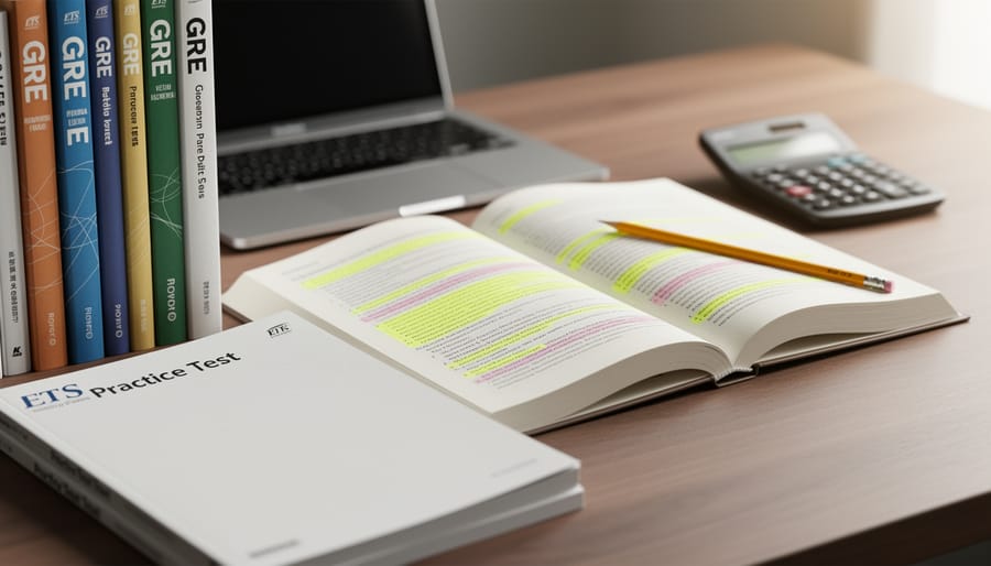 Close-up of GRE preparation books and a pencil arranged on a desk, with an open page and blurred study tools in the background.