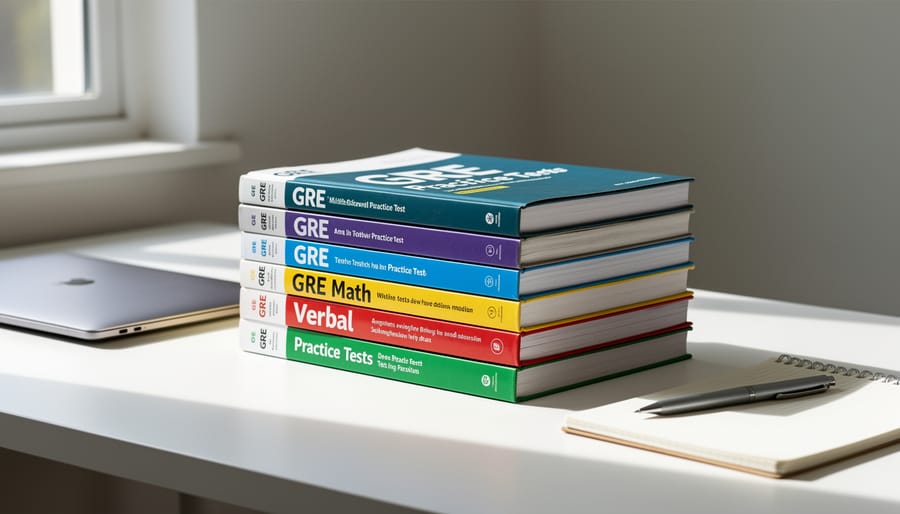Stack of GRE preparation books with a pencil on top on a study desk