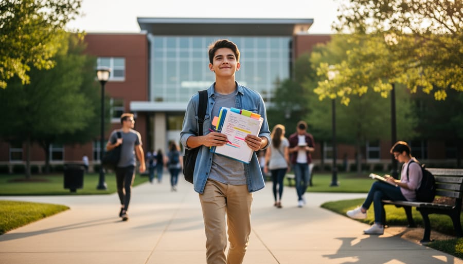 Person walking toward a bright school entrance carrying a backpack with a book visible