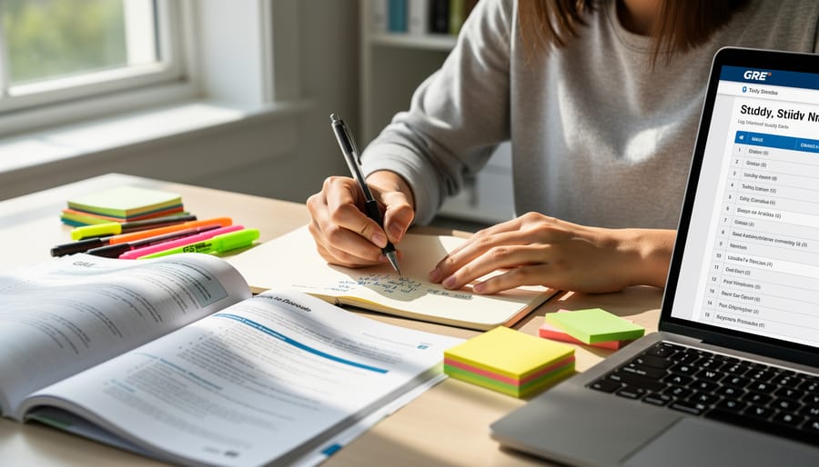 Student practicing GRE questions at a desk with calculator and study notes