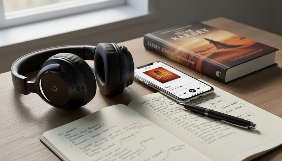 Open book with an audio recorder and blank cue cards on a desk in warm light