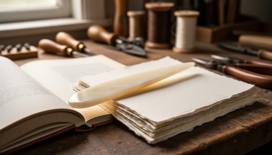 Close-up of a polished bone folder on cream paper atop an open book, photographed on a bookbinding work surface.