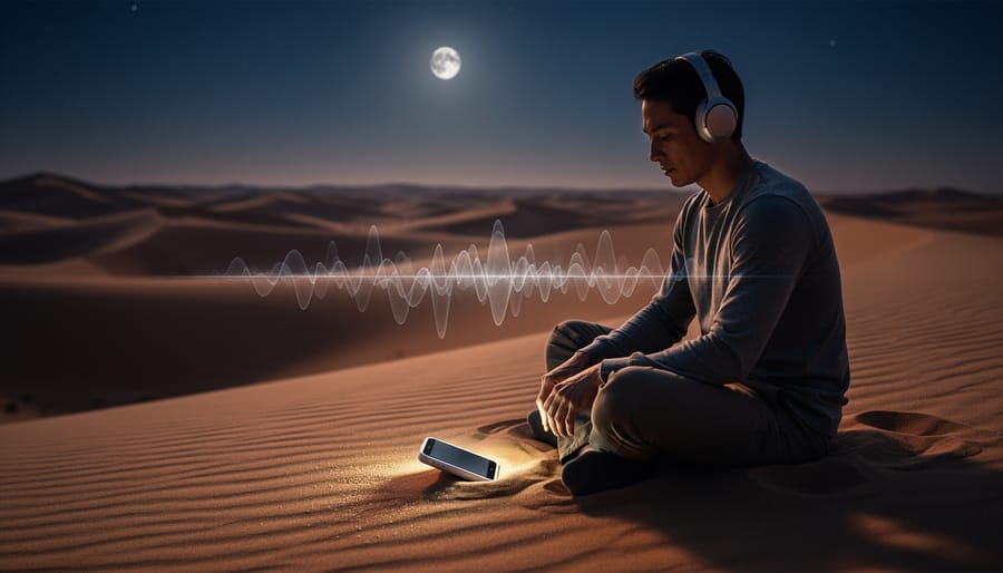 A person wearing over-ear headphones listens to a glowing audiobook device while sitting on desert dunes under moonlit skies.
