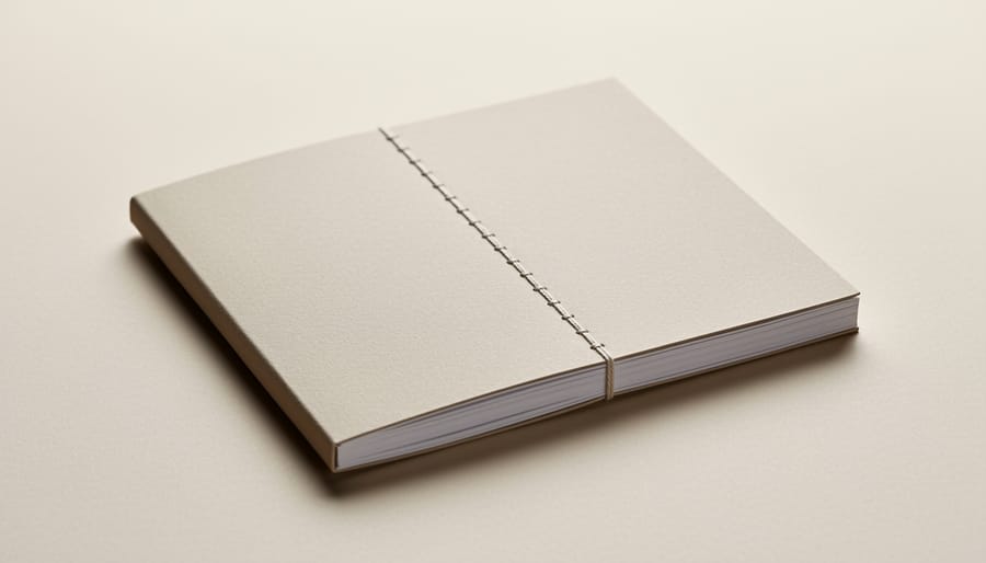 Finished saddle-stitched booklet partially opened showing the centered spine stitching