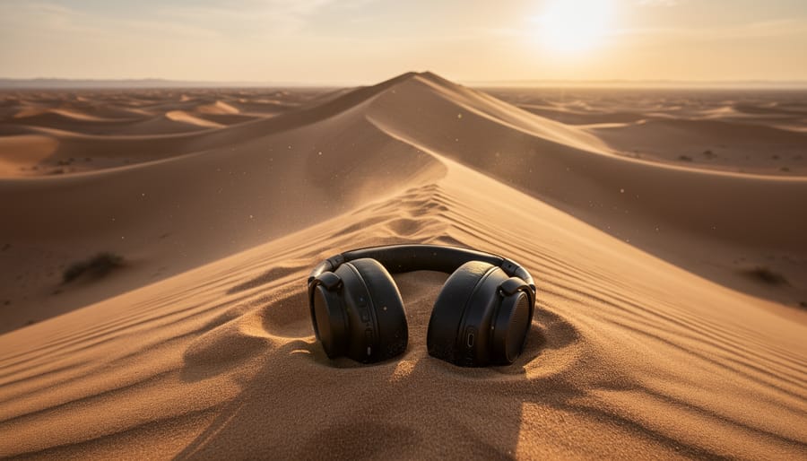Sunlit desert dunes with detailed rippling sand patterns in golden hour light