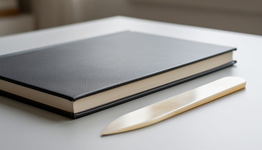 Handmade notebook journal with crisp folded spine beside a bone folder on a wooden desk
