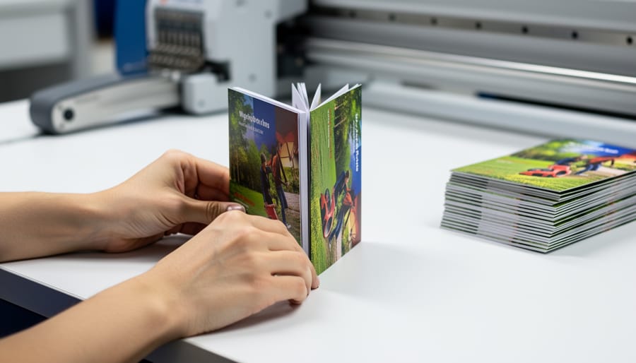 Hands folding a small booklet spine with the crease pressed firmly