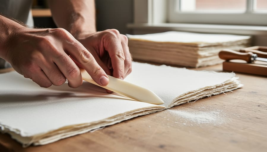 Hands using a bone folder to crease handmade paper on a wooden crafting surface