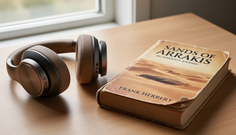 Over-ear headphones placed on a leather-bound sci-fi book with sand grains nearby