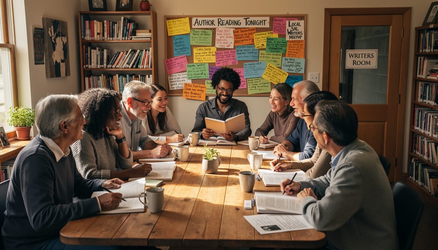 People attending a library reading or workshop with books and notes, showing an engaged community audience.