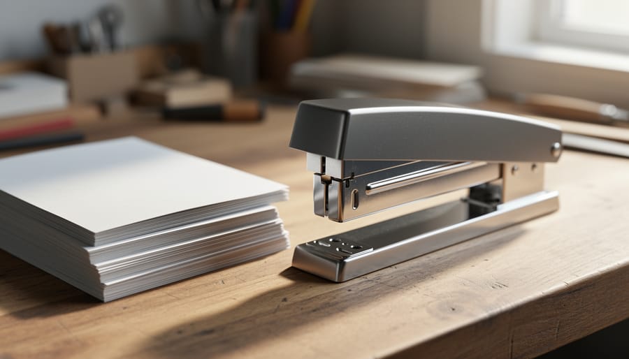 Long-jaw saddle stitch stapler on a wooden workbench next to neatly folded paper booklet pages for home booklet binding.