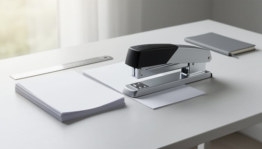 Long-jaw saddle stitch stapler on a workbench next to stacked sheets of paper