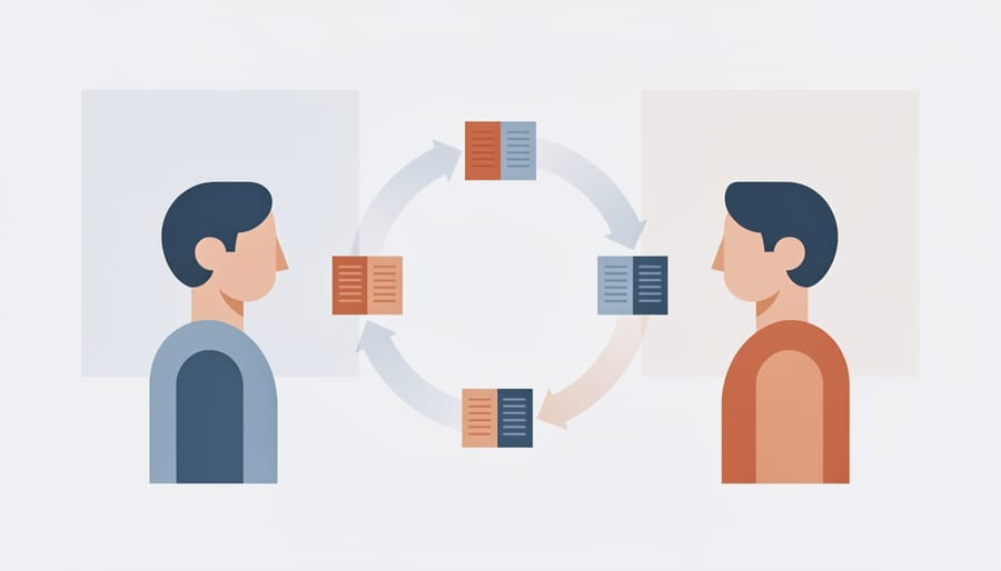 Two hands exchanging letters and bookmarks over an open book on a wooden table, symbolizing reciprocal support.